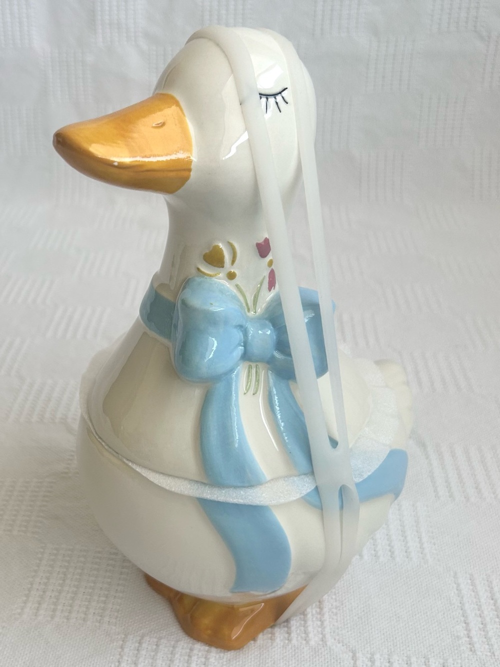 Welcome Spring Goose Cookie Jar Ceramic Blue Bow Floral NEW